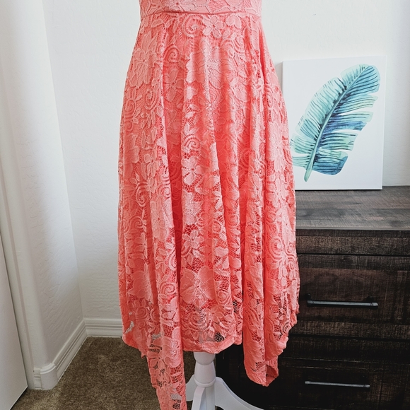NWOT Meetjen Women's Vintage Floral Lace Asymmetrical Hem Coral Cocktail Dress - Picture 5 of 12